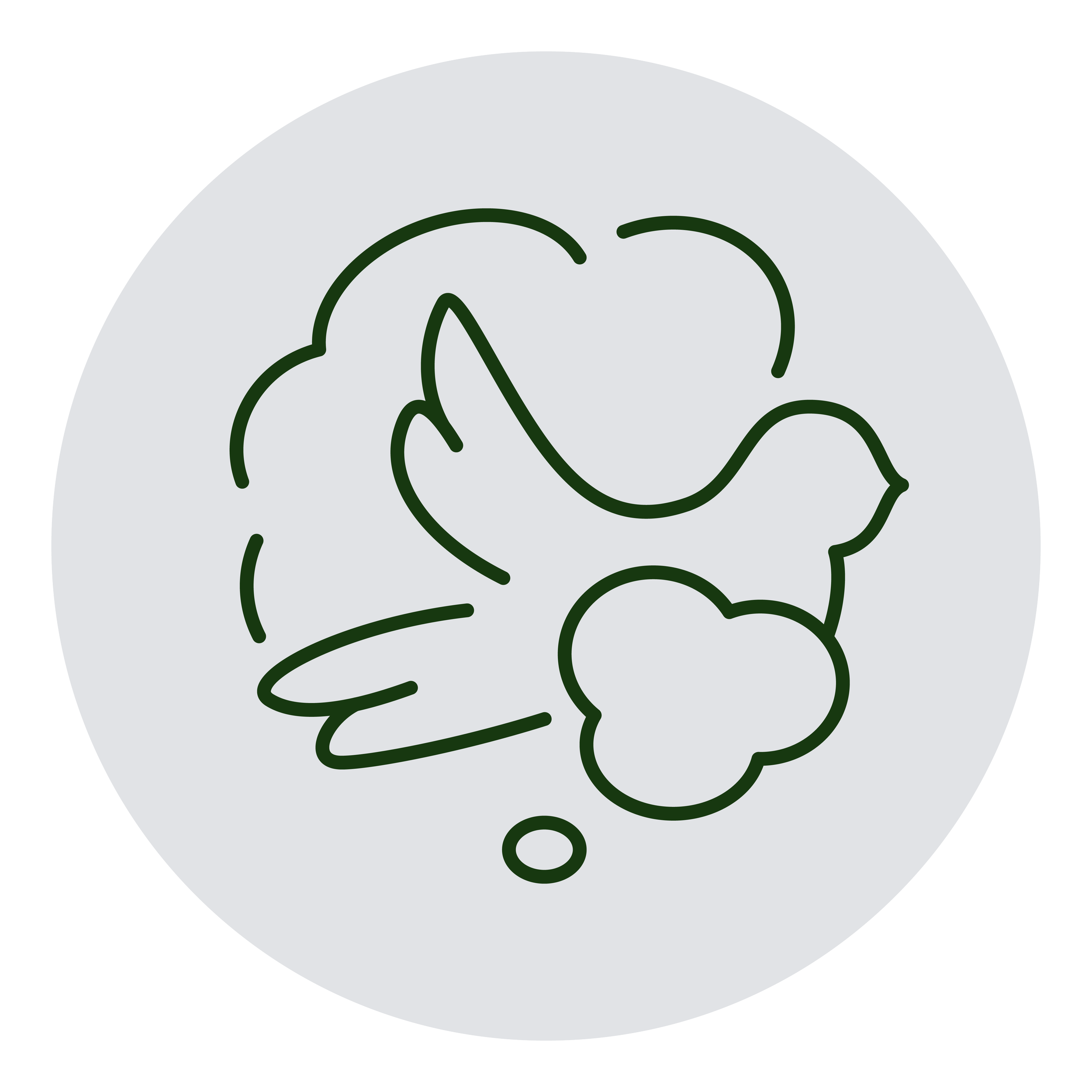 Line drawing of a smiling face with a thought bubble containing a plant and a flower.