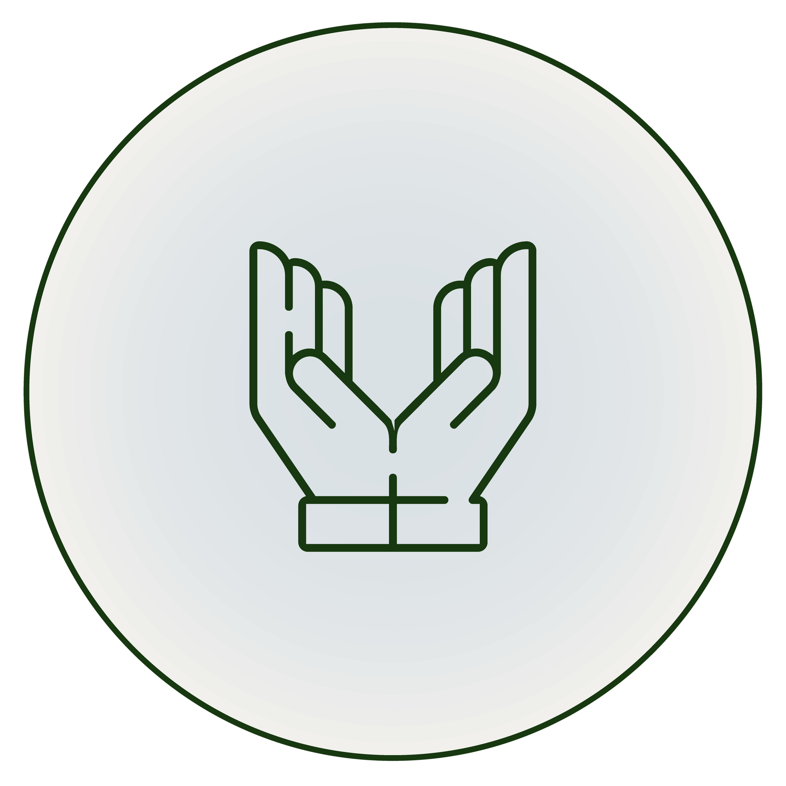 Line drawing of two hands holding each other in a clasp, depicted within a circular background.