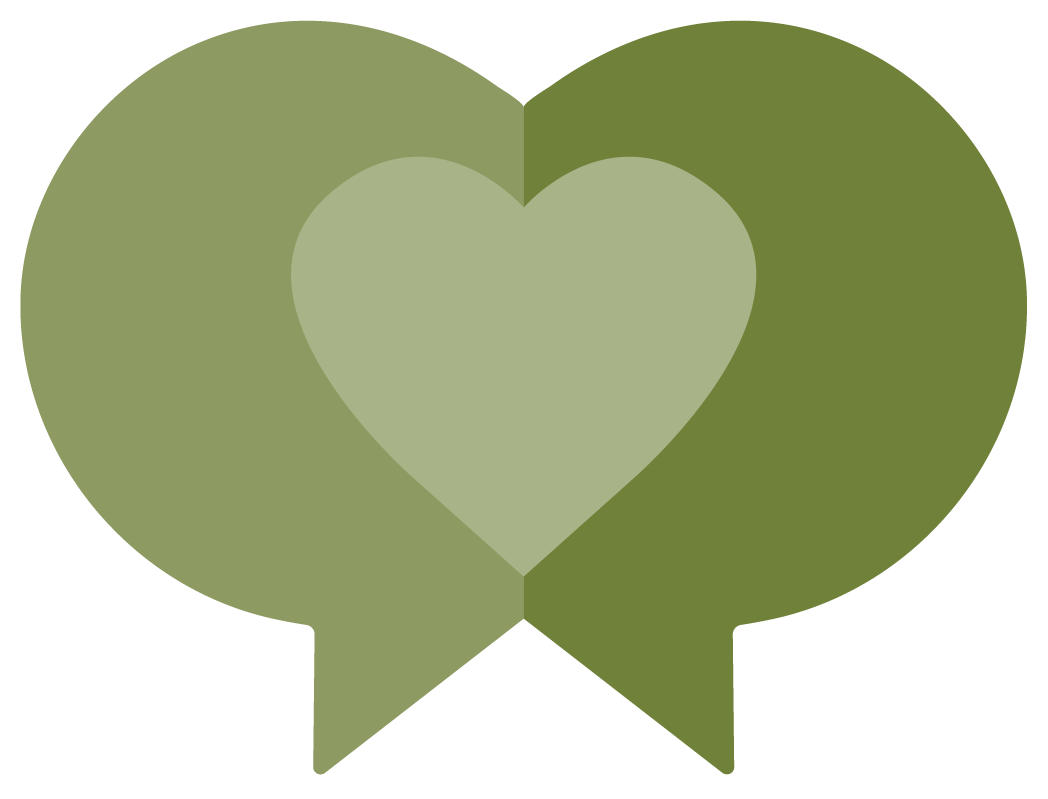 Two overlapping green speech bubbles with a heart shape in the center