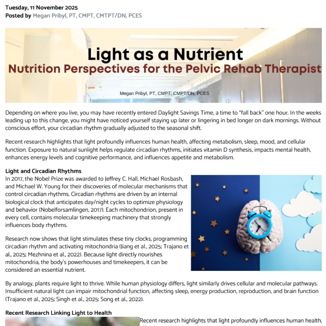 The article titled "Light as a Nutrient" discusses the importance of natural sunlight as a health nutrient, its influence on circadian rhythms, and the ways light impacts human biology and health, with an image of a brain-shaped clock surrounded by stars and clouds.