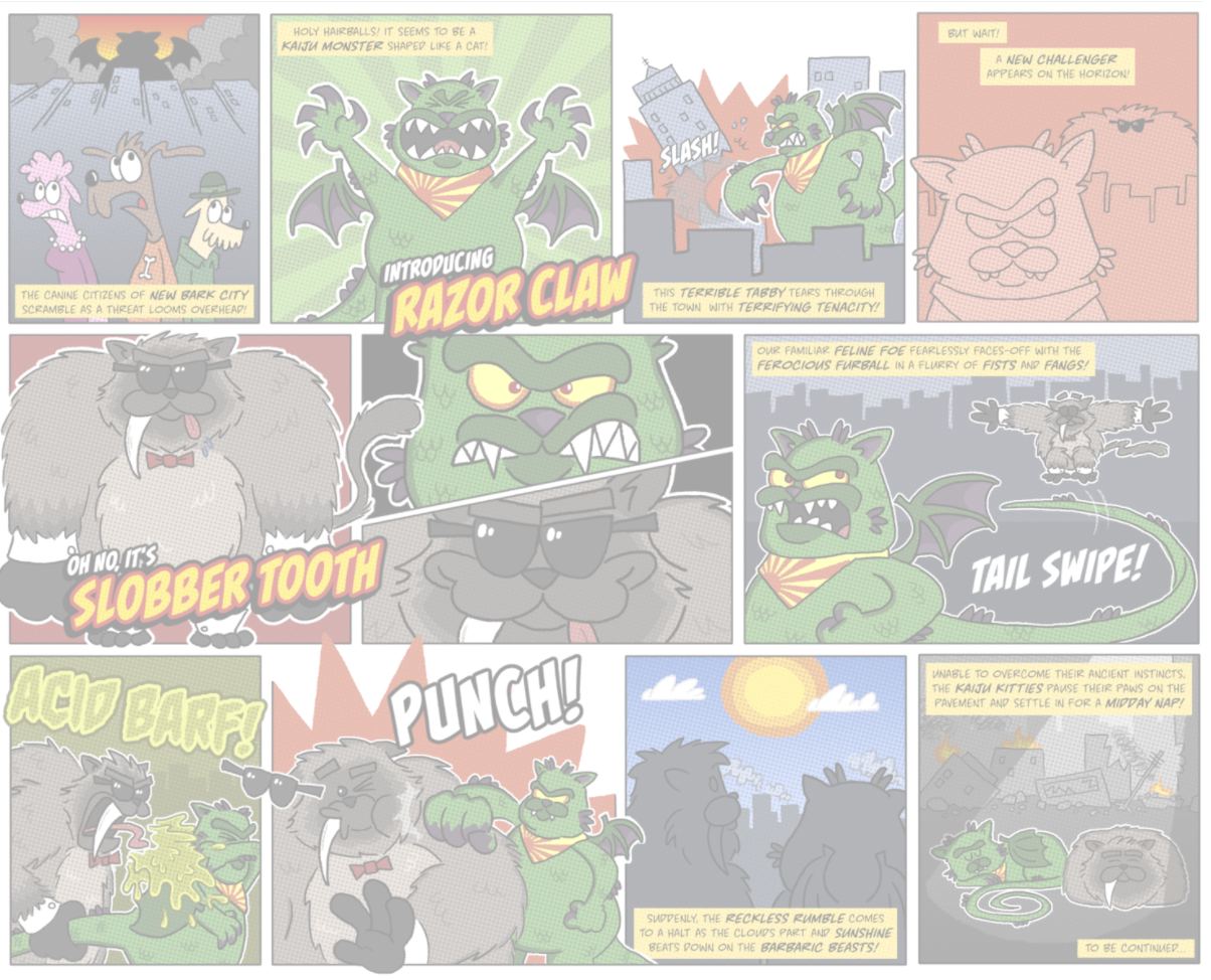 A colorful comic strip featuring various animals transforming into kaiju monsters, including a cat with razor claws, a dog with slobber tooth, a feline with ferocious furball, and a kitten facing off with a monster. The scenes show action, combat, and a sunset in an urban setting.