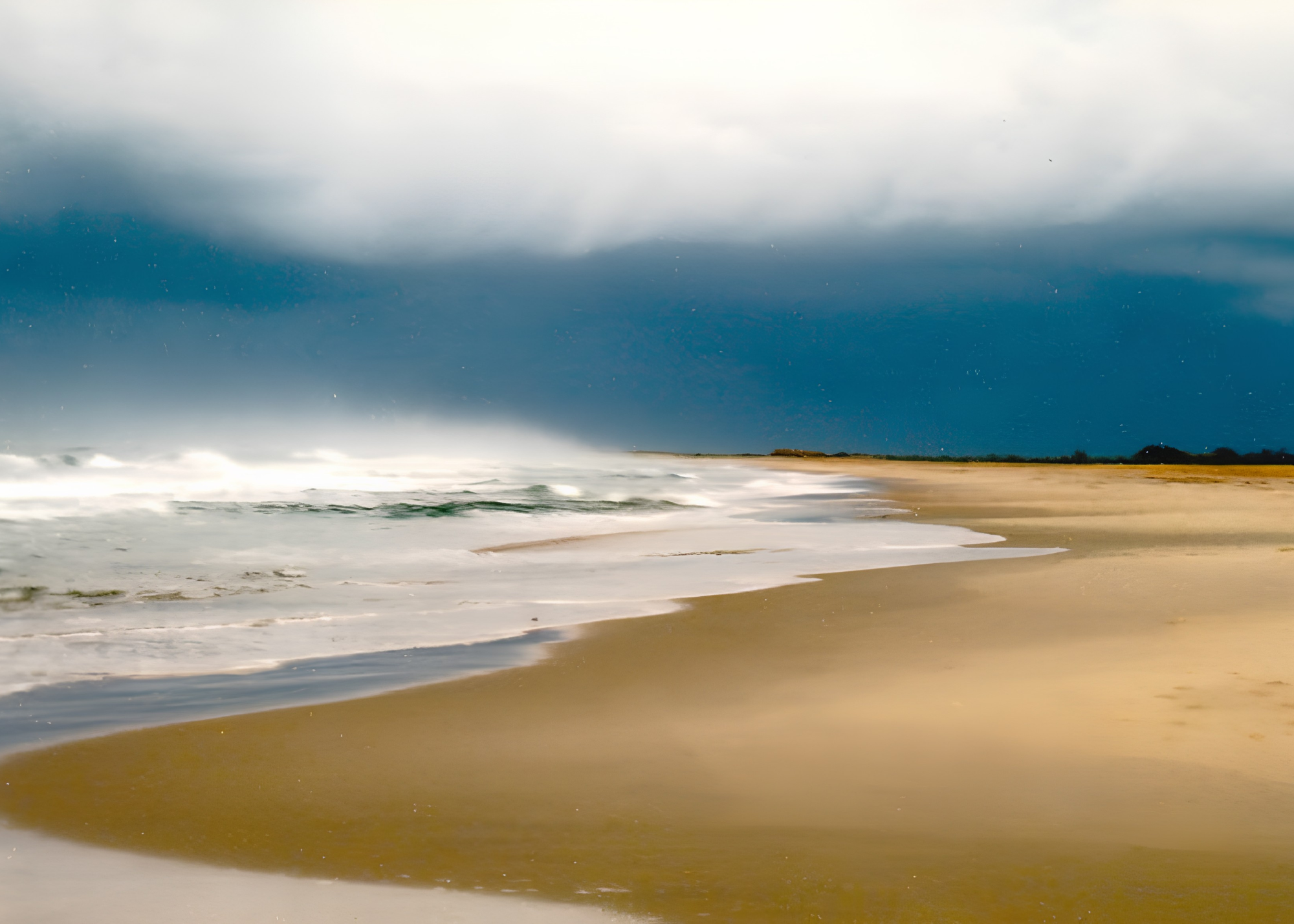 A stormy beach scene with dark clouds overhead, white waves crashing on the sandy shore, and some small land patches in the distance.