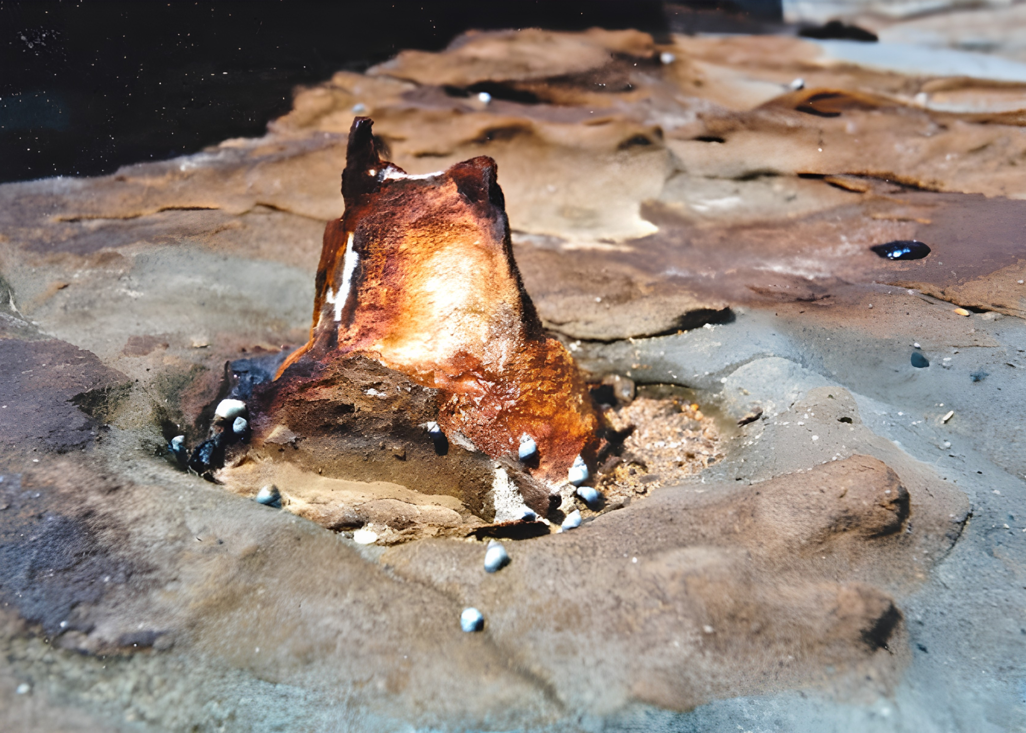 Rock with smoldering fire in a sandy area with small white objects scattered around.