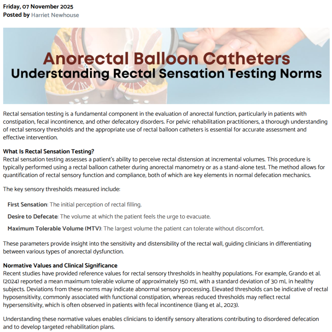 Article titled "Anorectal Balloon Catheters: Understanding Rectal Sensation Testing Norms" with a background image of a medical illustration of the pelvic area and a hand holding a medical instrument.