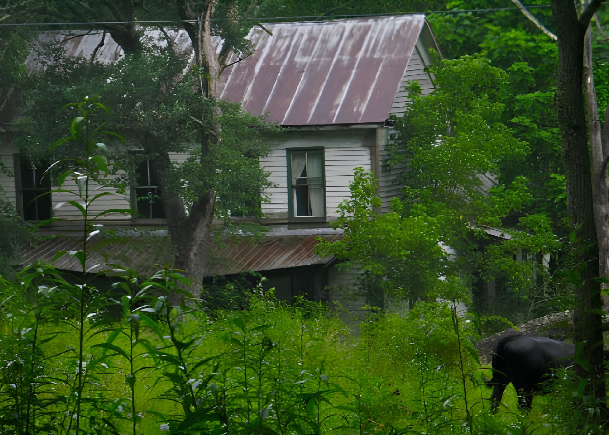 A white house with a rusty metal roof surrounded by green trees and foliage.