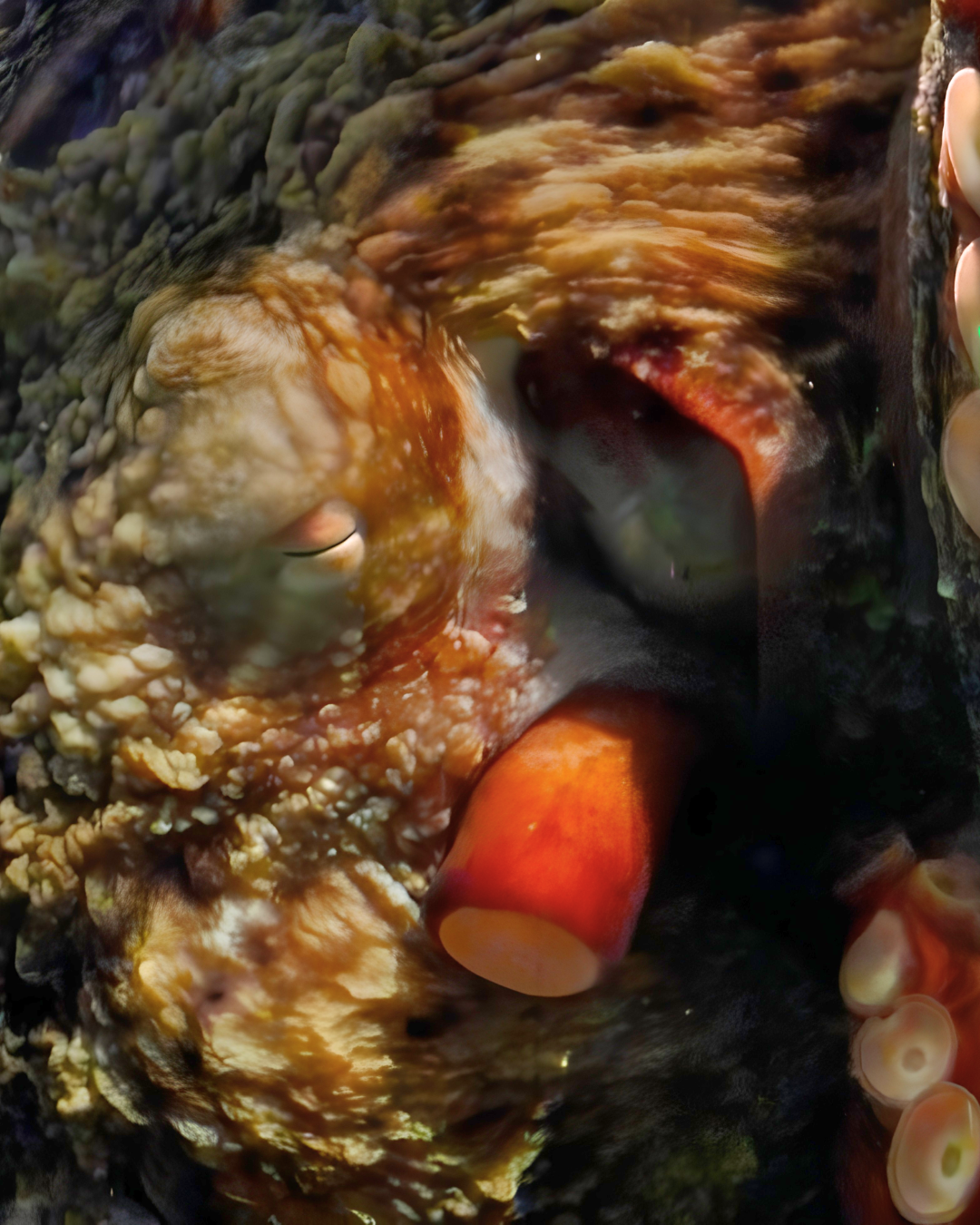 Close-up of a colorful octopus with orange, black, and beige skin textures near coral or rocks.