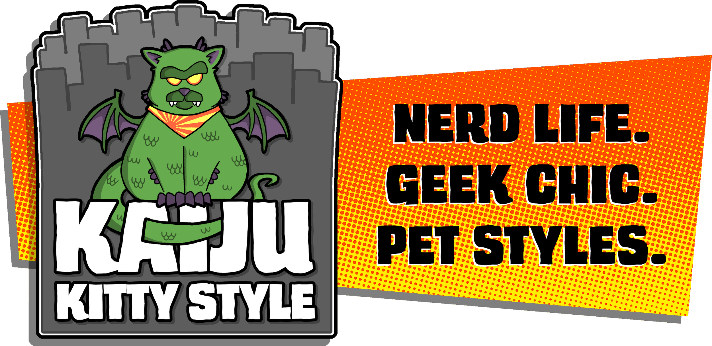 A cartoonish, green, dragon-like creature with bat wings, sunglasses, and a yellow-and-red striped bandana sitting on a throne. Next to it is a red and yellow comic-style sign with black text that reads "Nerd life. Geek chic. Pet styles."