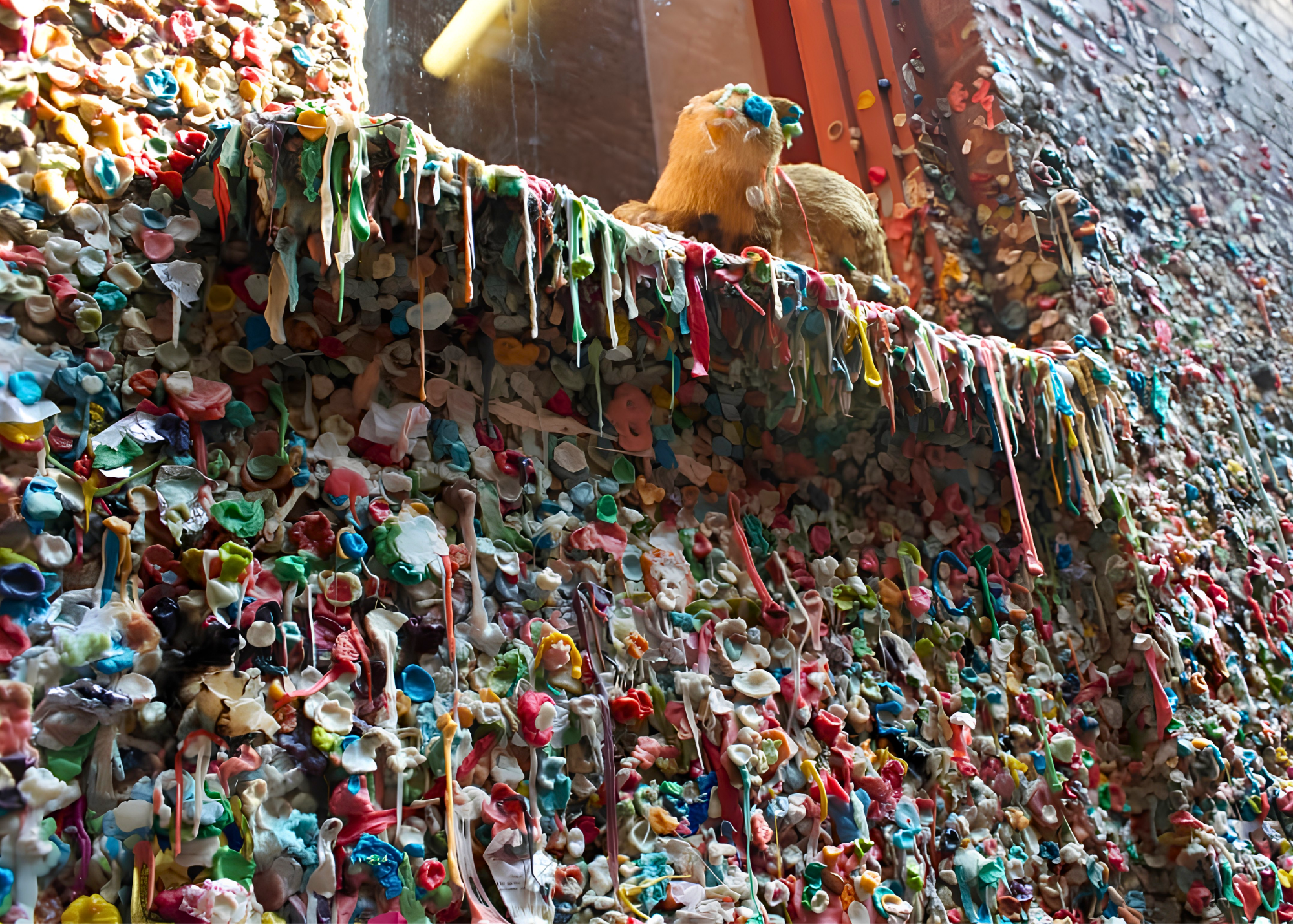 A large wall covered with multicolored chewing gum stuck all over its surface, with some pieces forming shapes and patterns.