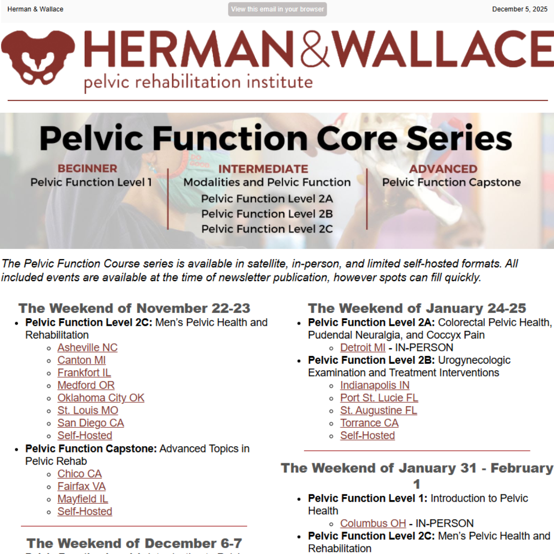 Schedule of Pelvic Function Core Series events with locations in the United States, organized by beginner, intermediate, and advanced levels; includes dates from late November to early February.
