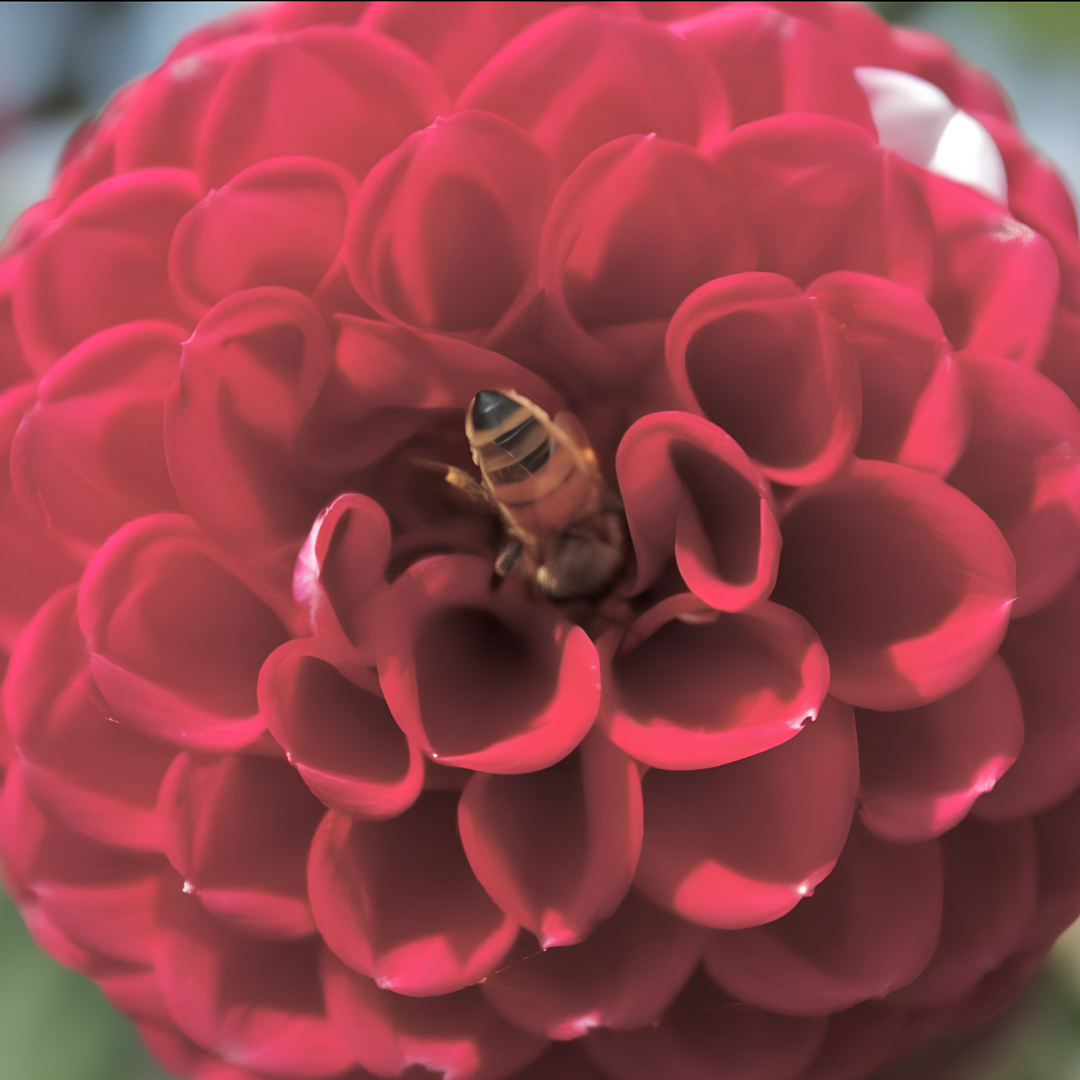A close-up of a pink dahlia flower with a bee collecting nectar inside the petals.