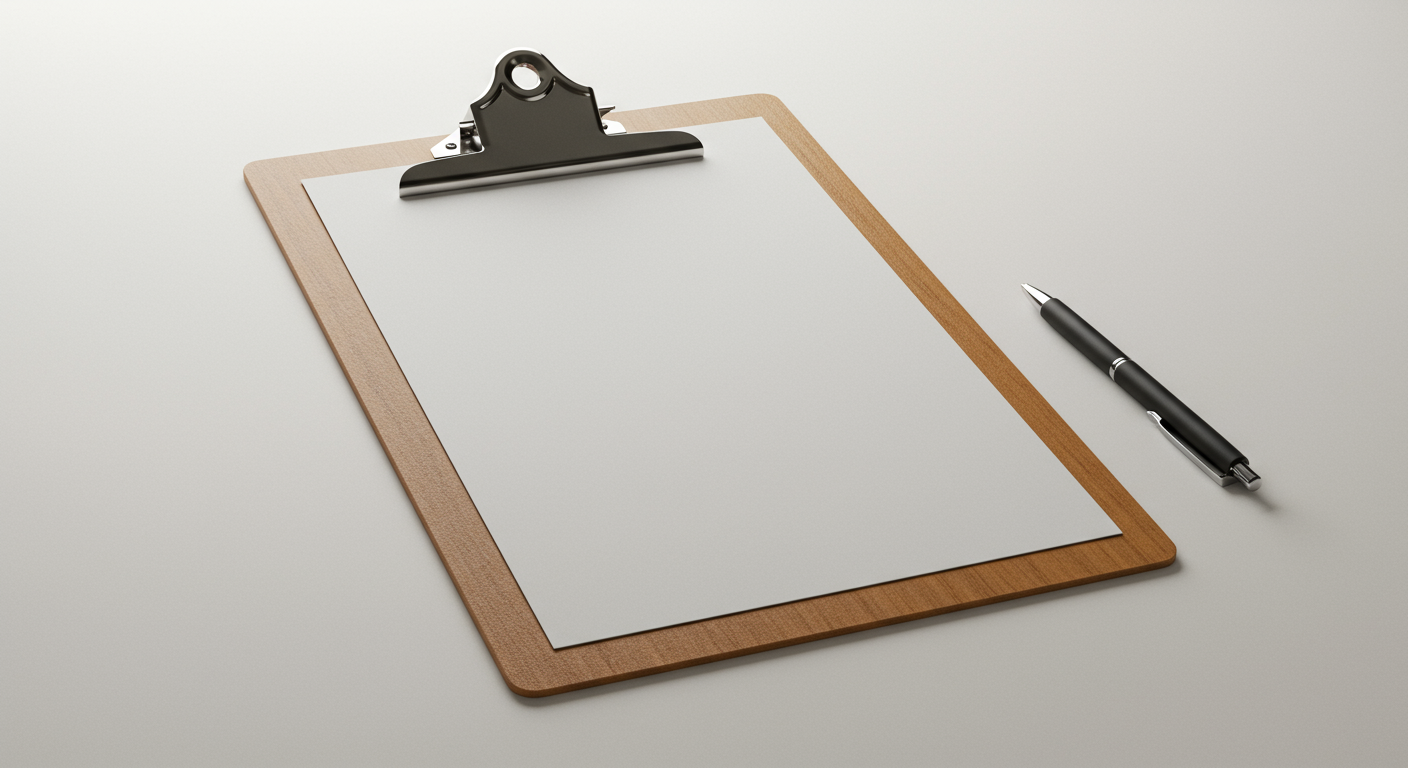A blank sheet of paper attached to a wooden clipboard with a black clip, placed next to a black pen on a white surface.