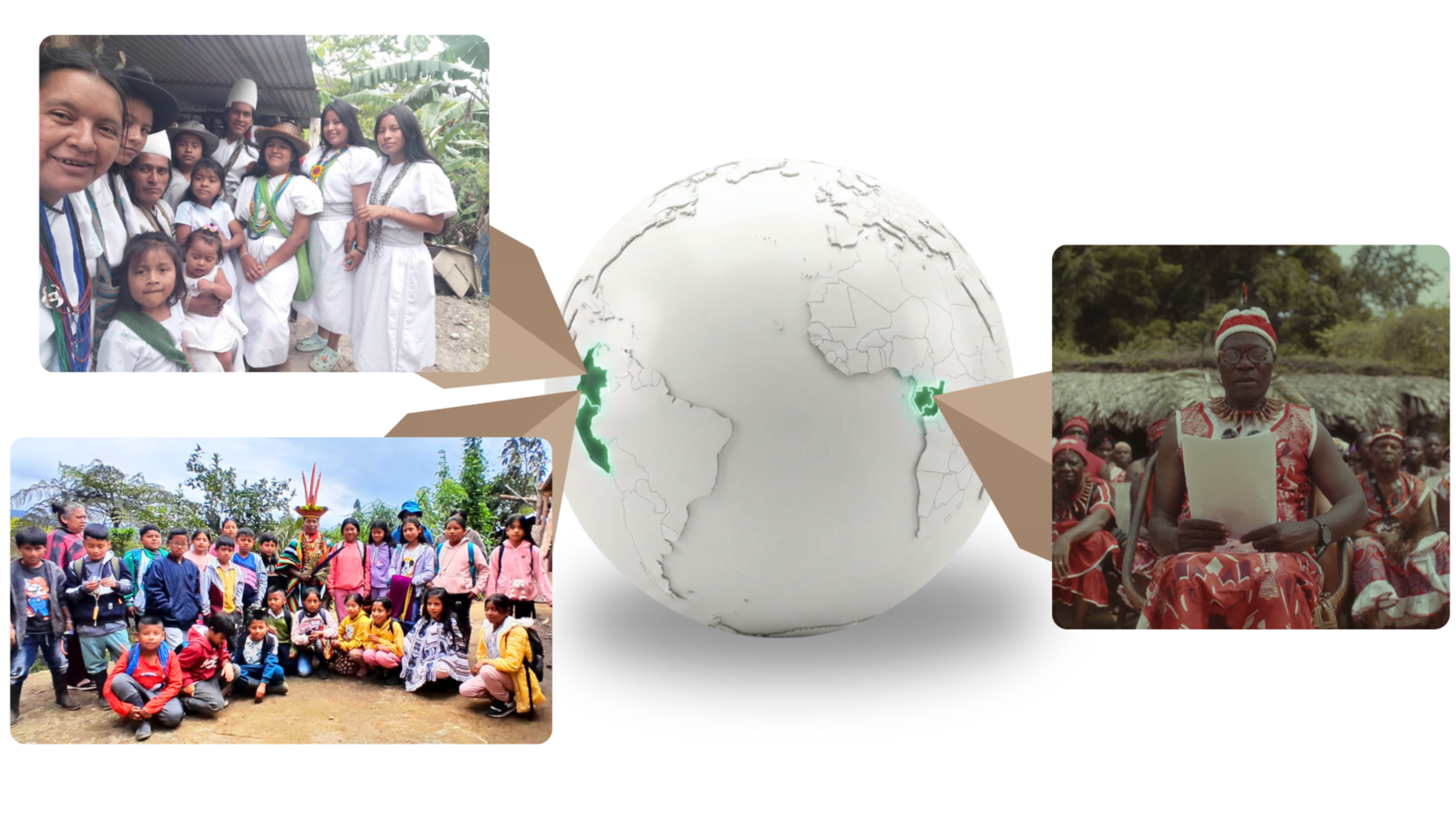 Group of indigenous people, including children and adults, dressed in traditional clothing, gathered outdoors in a rural setting with trees and thatched structures.