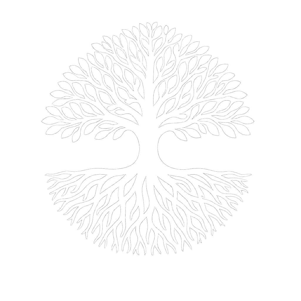 A white stylized tree with extensive branching and roots on a black background.