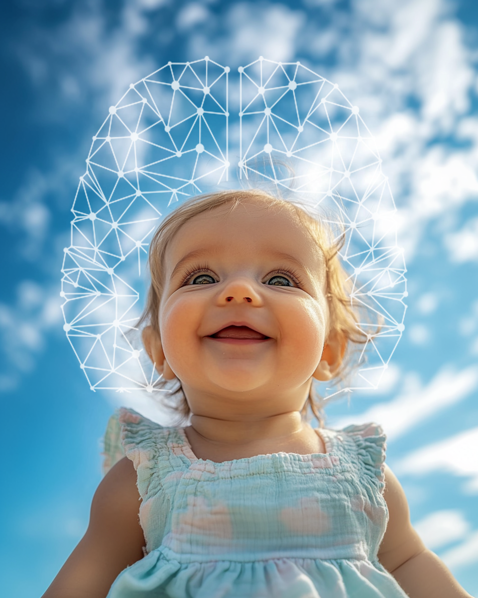 Smiling baby girl looking up outdoors with a digital wireframe brain overlay against a blue sky with clouds.