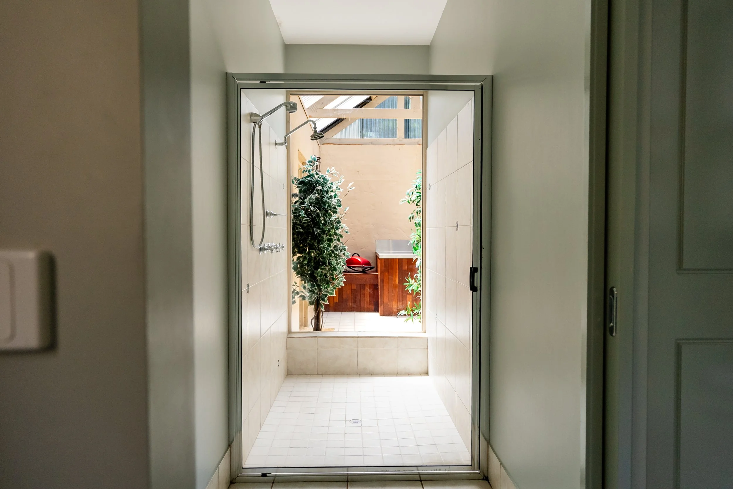 Indoor shower area with two showerheads and potted plants, viewed through a sliding glass door.
