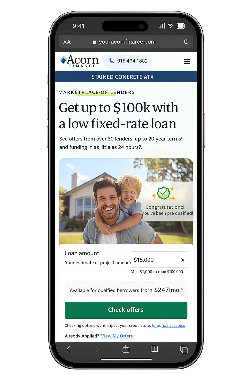 A smartphone displaying a website for Acorn Finance, advertising low fixed-rate loans up to $100,000 with a picture of a smiling man with a young boy on his back in front of a house.