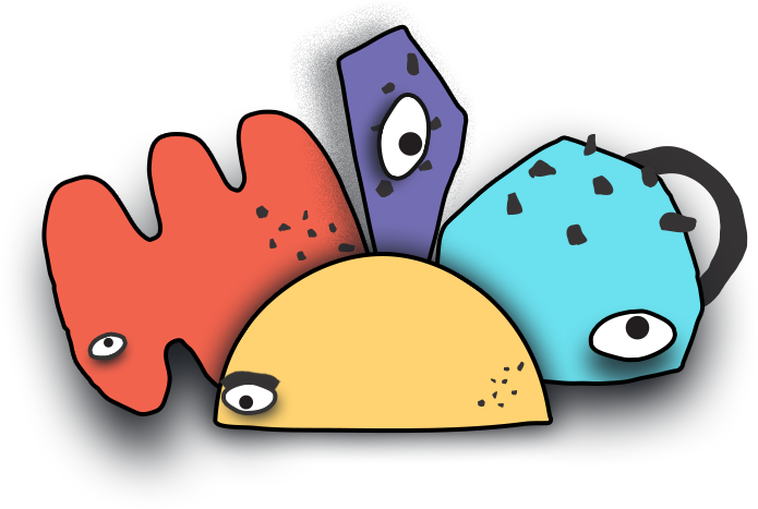 Illustration of five colorful abstract shapes with cartoon eyes, resembling animated rocks or minerals, on a dark background