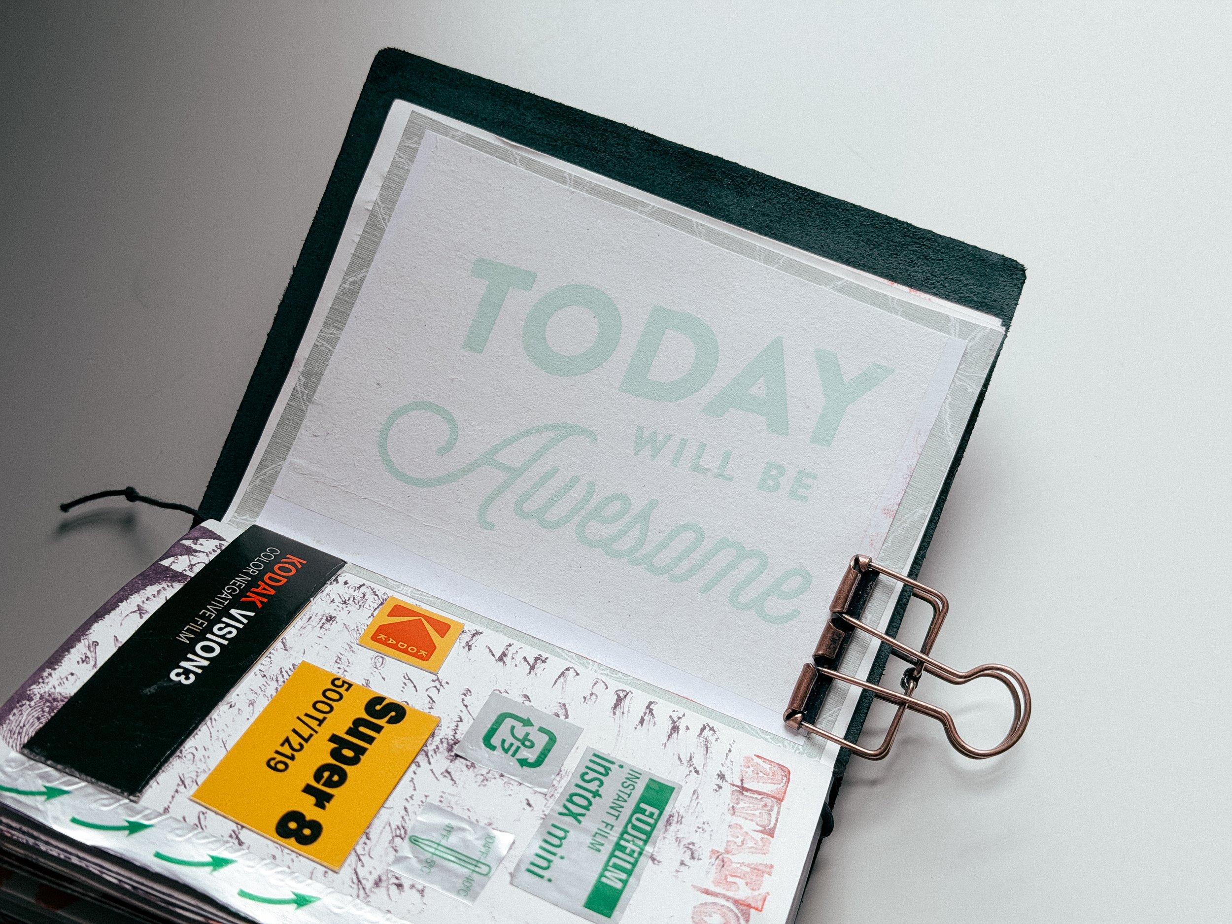 A close-up of a ring binder with various labels, including 'Surgical', '50', and 'EXP'; a partially visible sheet of paper with text 'TODAY' in large light green letters, and handwritten notes.