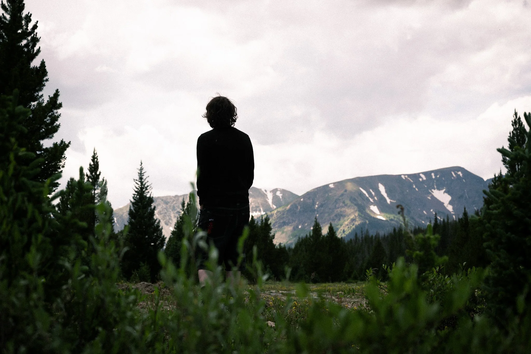Person standing outdoors in a mountainous area, surrounded by trees, with snow-capped peaks in the background and a cloudy sky.