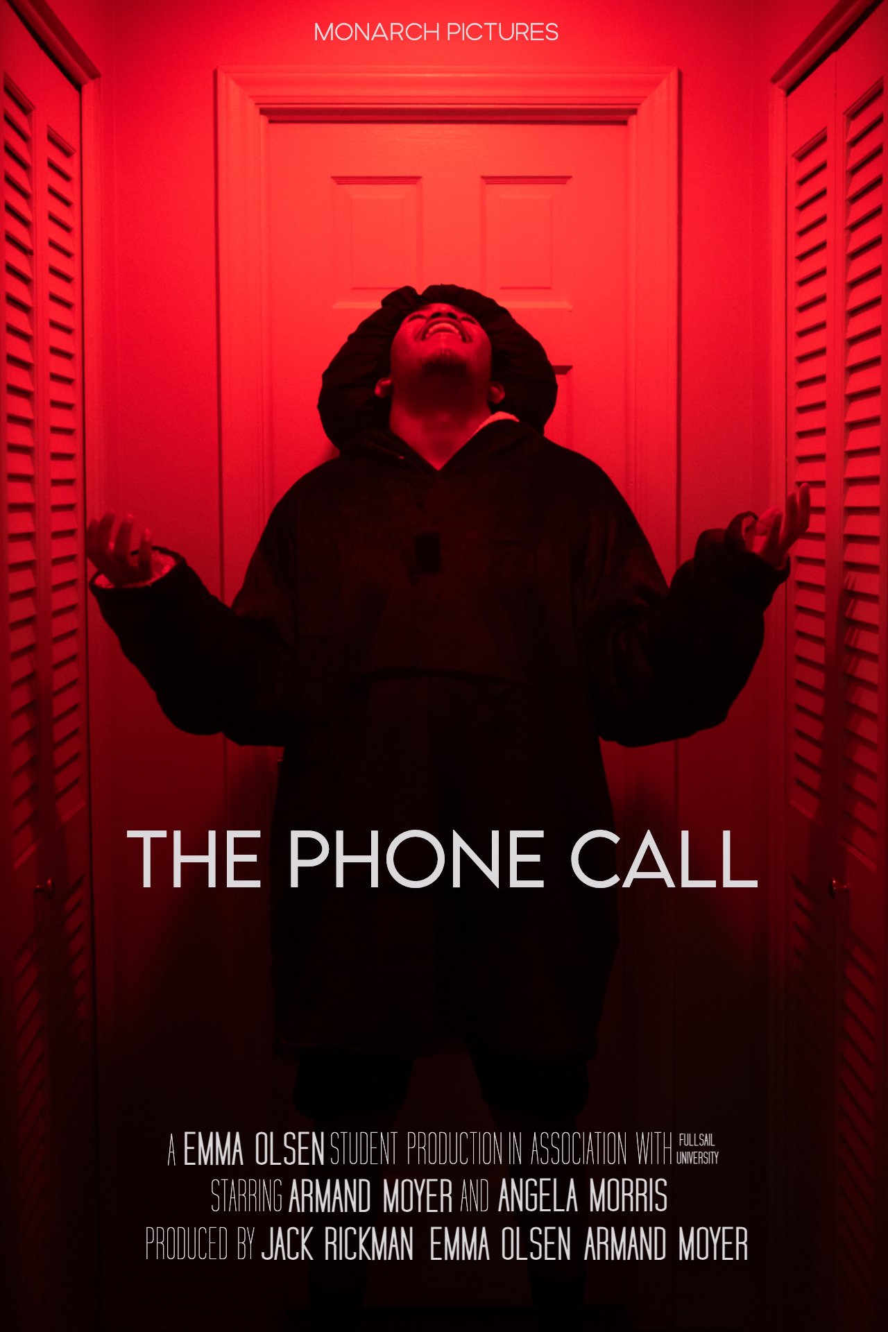 A person standing in front of a red door, smiling and holding a phone to their ear with one hand, with the title 'The Phone Call' at the bottom.