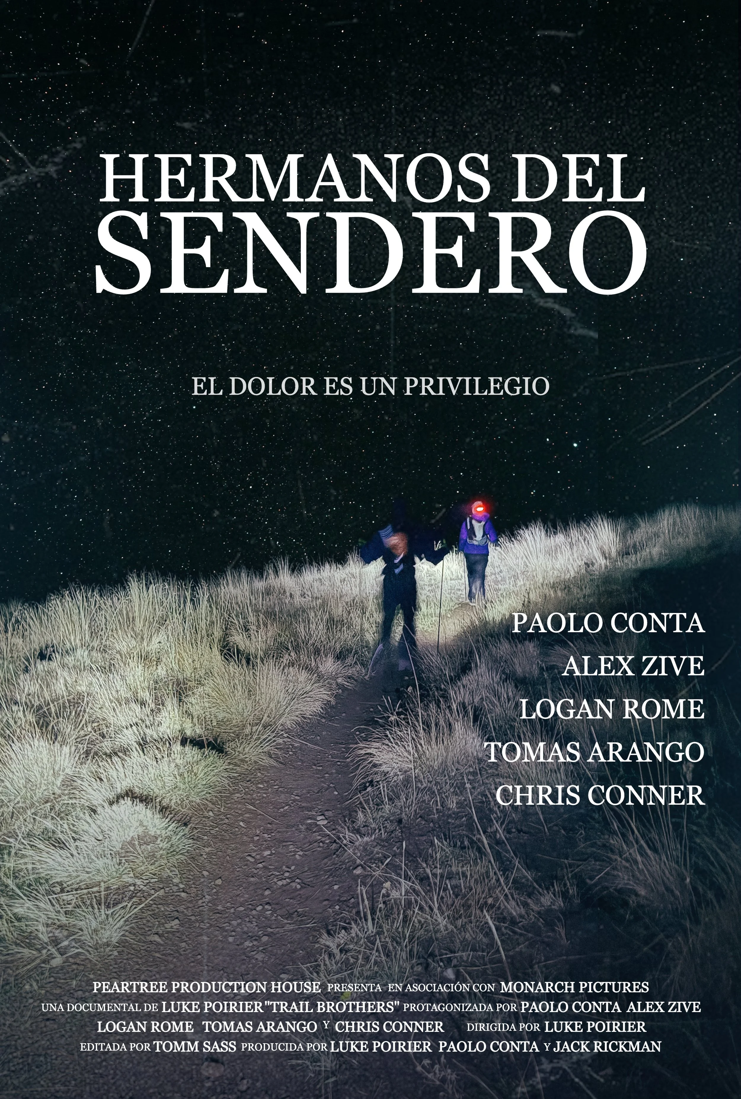 Nighttime outdoor scene with hikers walking along a trail surrounded by tall grass, under a starry sky.