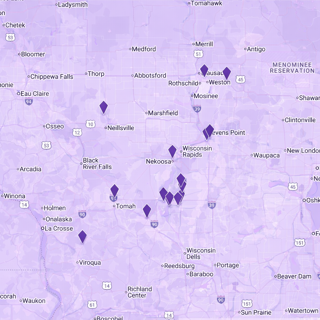 Map of Wisconsin with various regions and cities labeled, overlaid with several dark purple markers indicating specific locations.