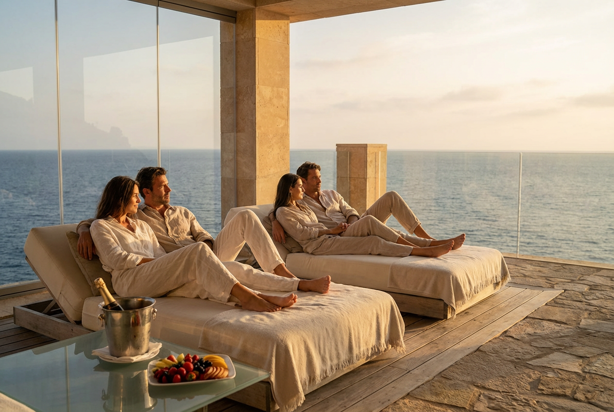 Cuatro personas descansando en sillones junto al mar en una terraza con vista al Océano en el atardecer, con una bandeja de frutas y una hielera con botella de champagne.