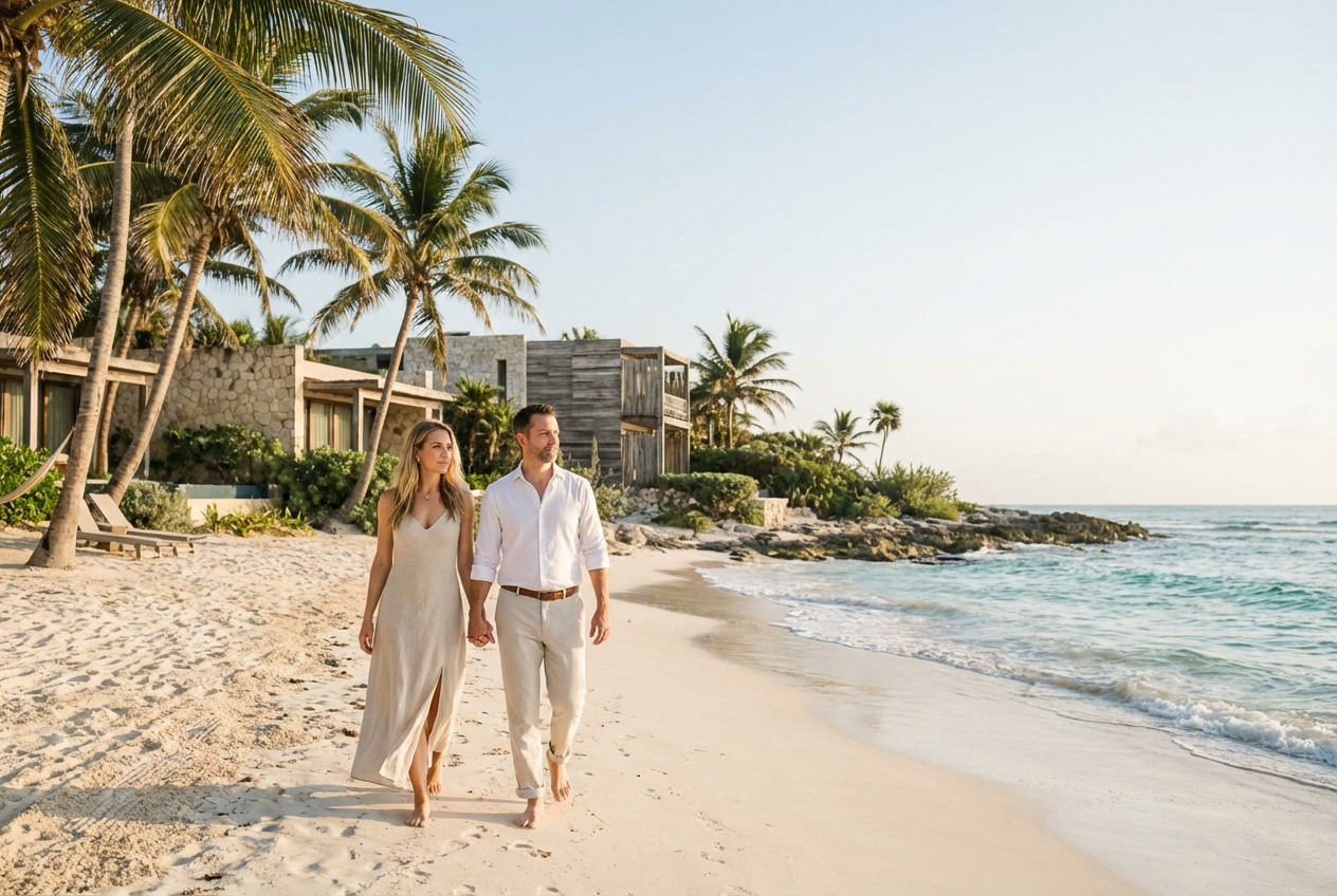 Una pareja caminando por la playa en un entorno tropical con palmeras y casas de madera al fondo, durante el atardecer.
