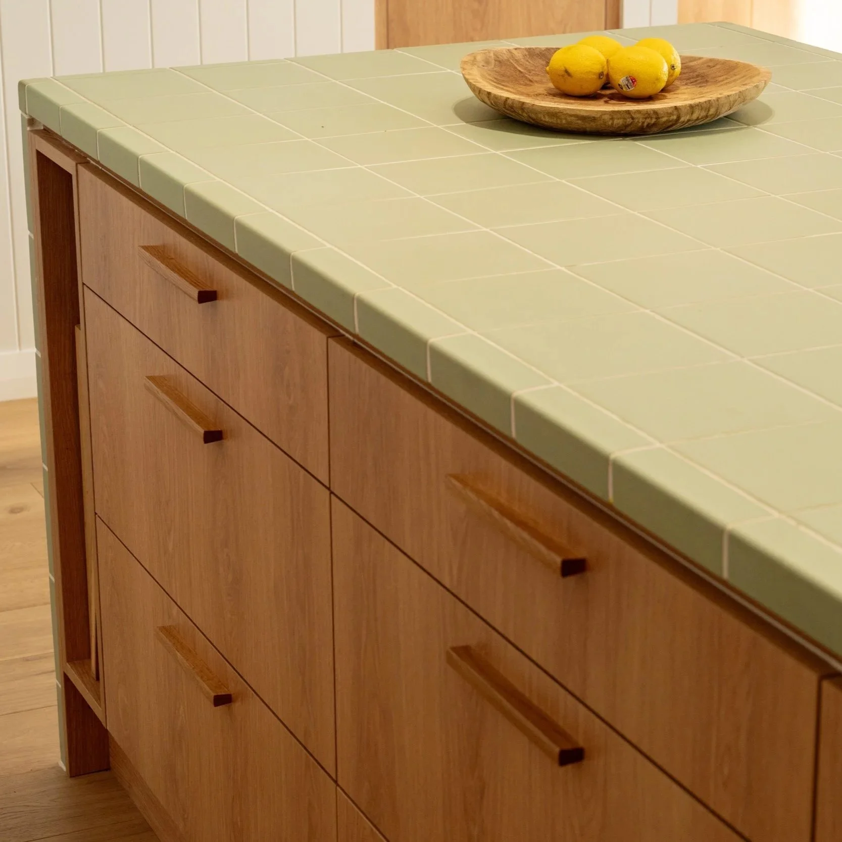 Timber kitchen island with stone benchtop in Seacliff