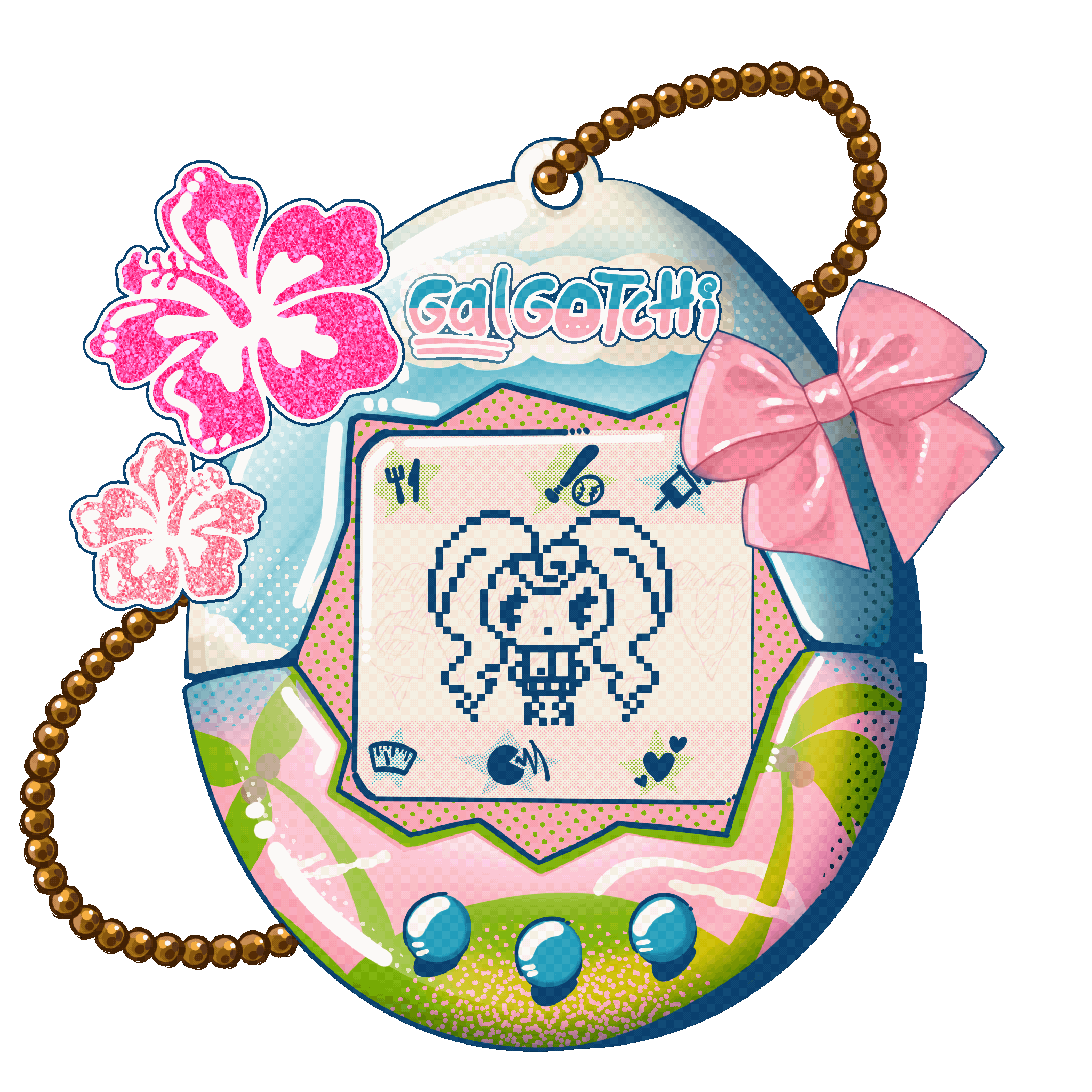 A virtual Tamagotchi pet device decorated with pink hibiscus flowers, a pink bow, and a beaded chain, featuring a pixel art of a girl with pigtails and the word 'GalgaTTHI' at the top.