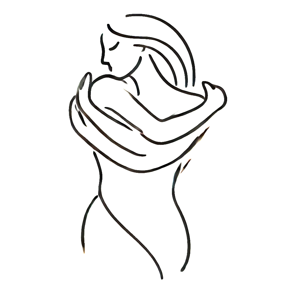 Minimalist line drawing of a woman hugging herself, with eyes closed and a calm expression.