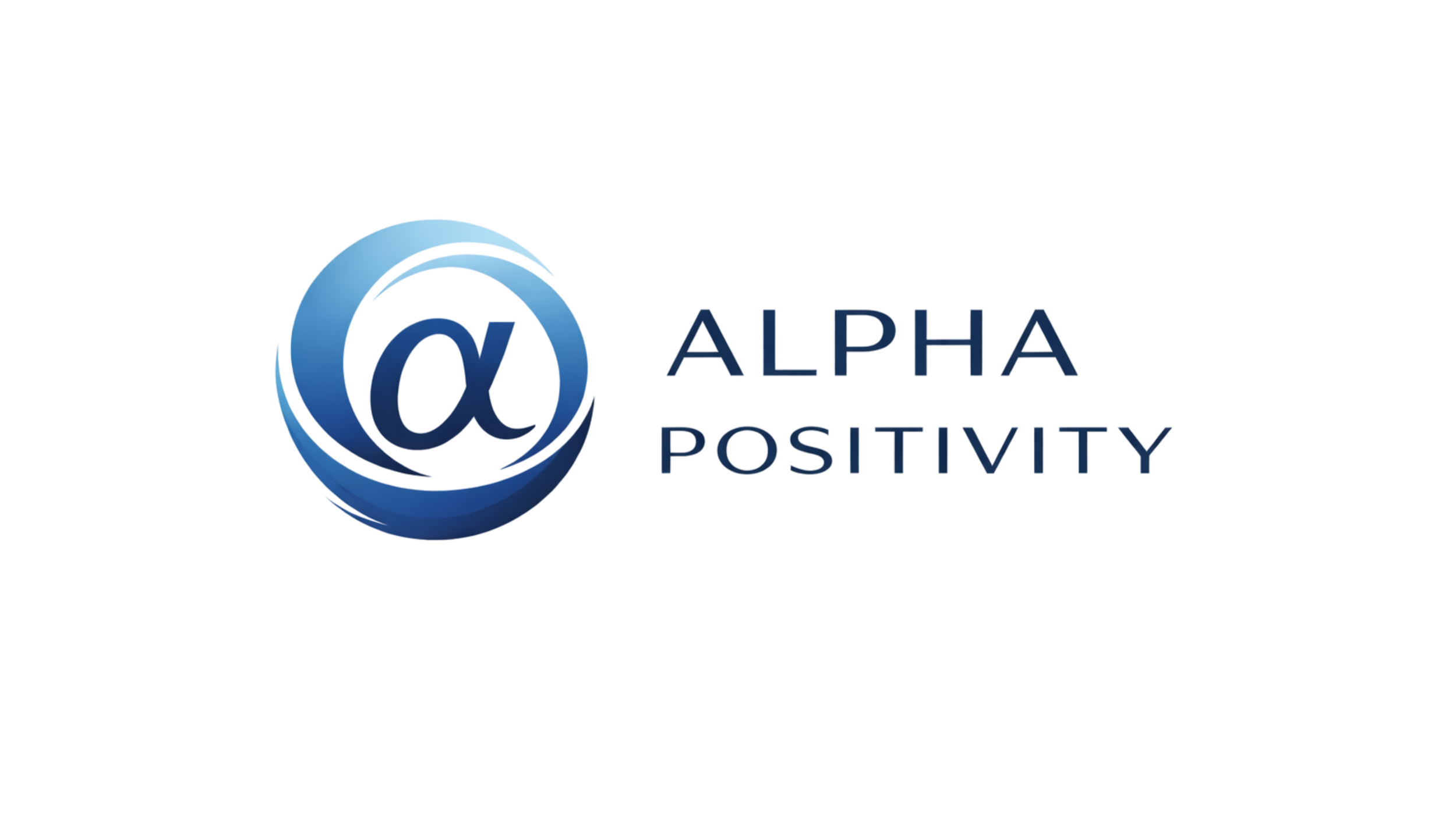 Logo for Alpha Positivity featuring a blue circular symbol with a lowercase alpha symbol in the center and the words 'Alpha Positivity' in blue text.