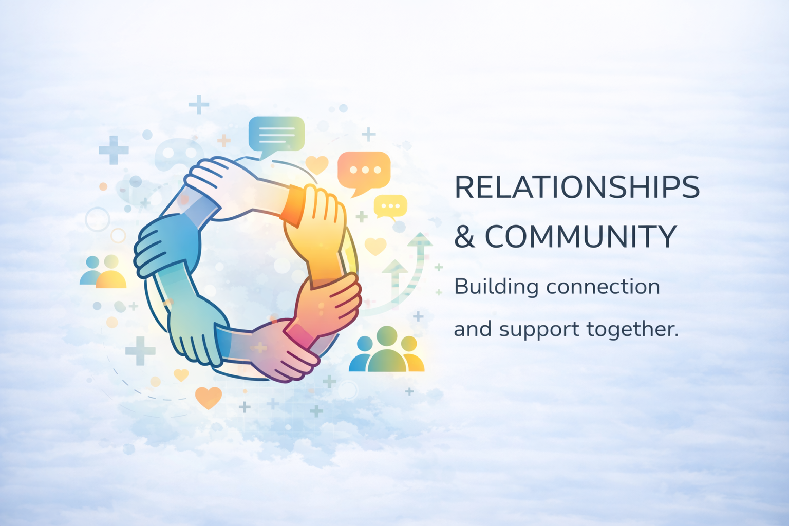 Illustration of diverse hands forming a circle, symbolizing unity and support, with social icons and messages around it. Text reads: "Relationships & Community. Building connection and support together."