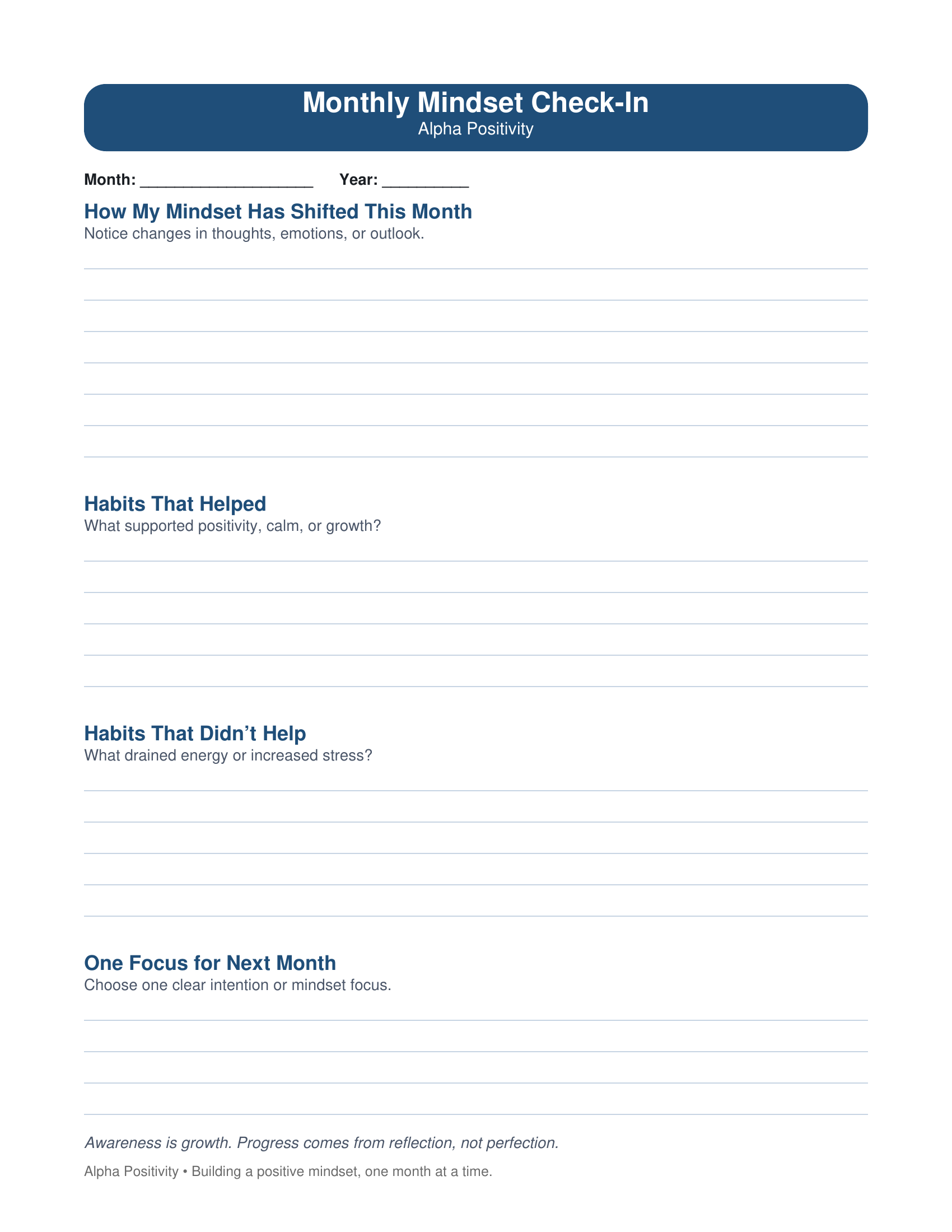 Monthly Mindset Check-In worksheet with sections for reflecting on mindset shifts, helpful habits, unhelpful habits, and focus for the next month.