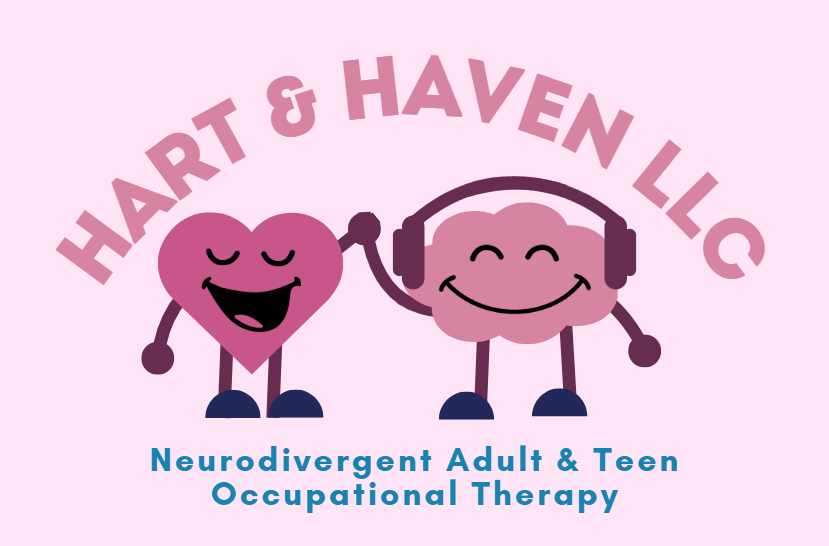 Cartoon heart and brain holding hands, with the text "HART & HAVEN LLC" and "Neurodivergent Adult & Teen Occupational Therapy" on a pink background.