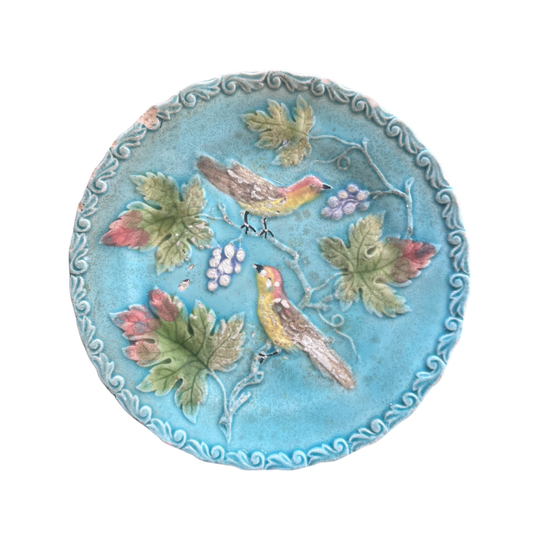 Antique Majolica Plate in Aviary & Grapes Motif