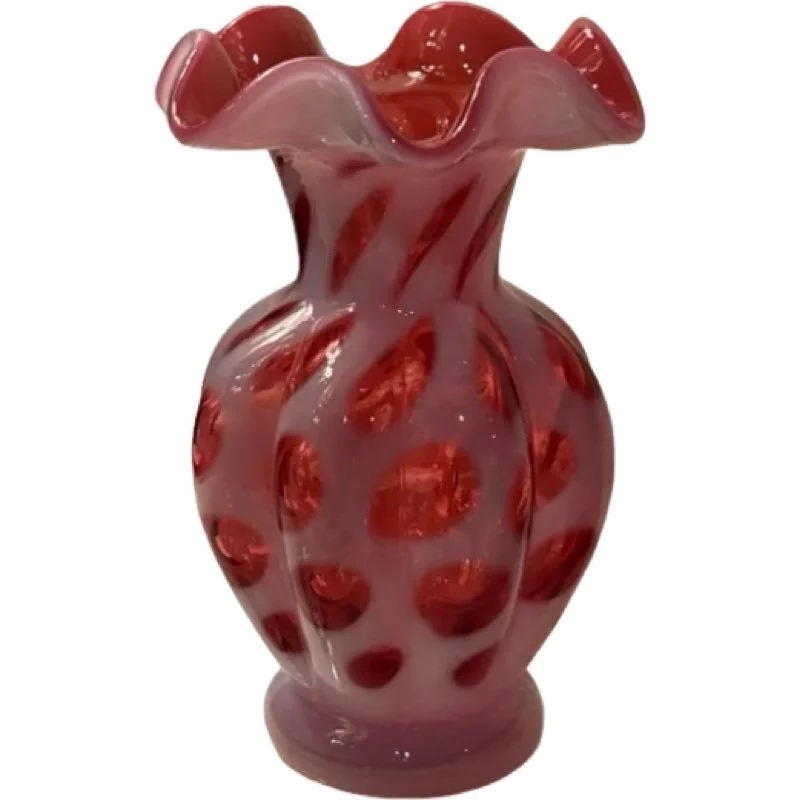 Fenton Cranberry Opalescent Coin Dot Ruffled Edge Vase