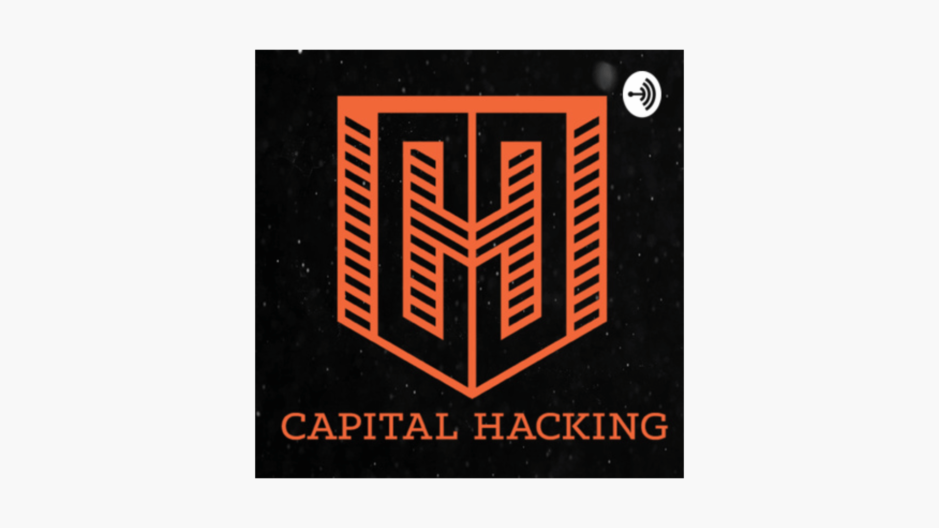 A black background with white speckles, featuring a stylized orange geometric book-shaped logo with the words 'CAPITAL HACKING' in orange capital letters beneath it.