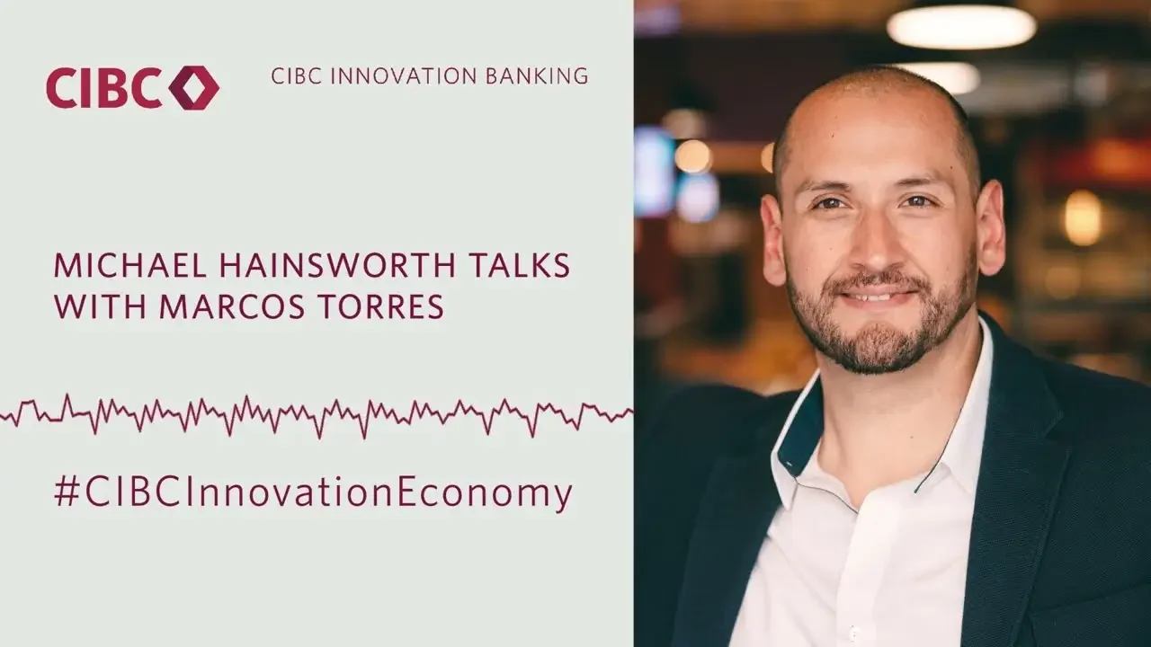 Promotional graphic for CIBC Innovation Banking featuring Michael Hainsworth in a professional setting, with text about a talk with Marcos Torres and the hashtag #CIBCInnovationEconomy.