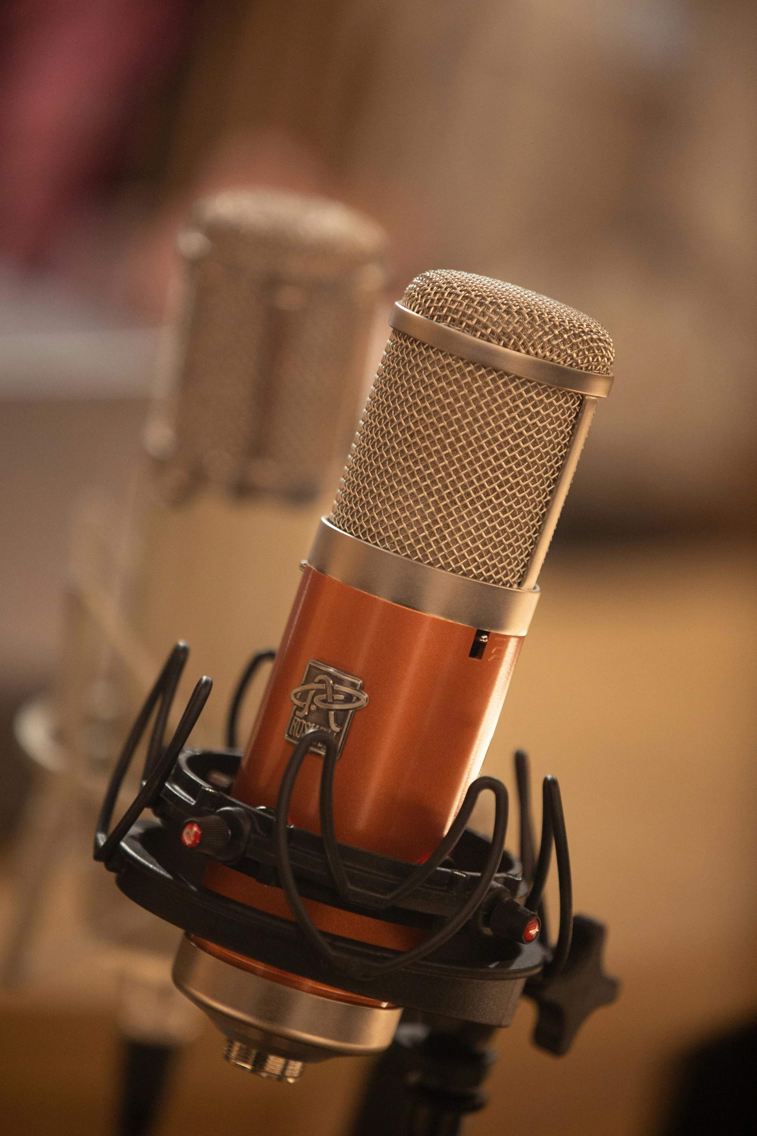 Two professional microphones mounted on stands, with the main microphone in focus and the second microphone blurred in the background.