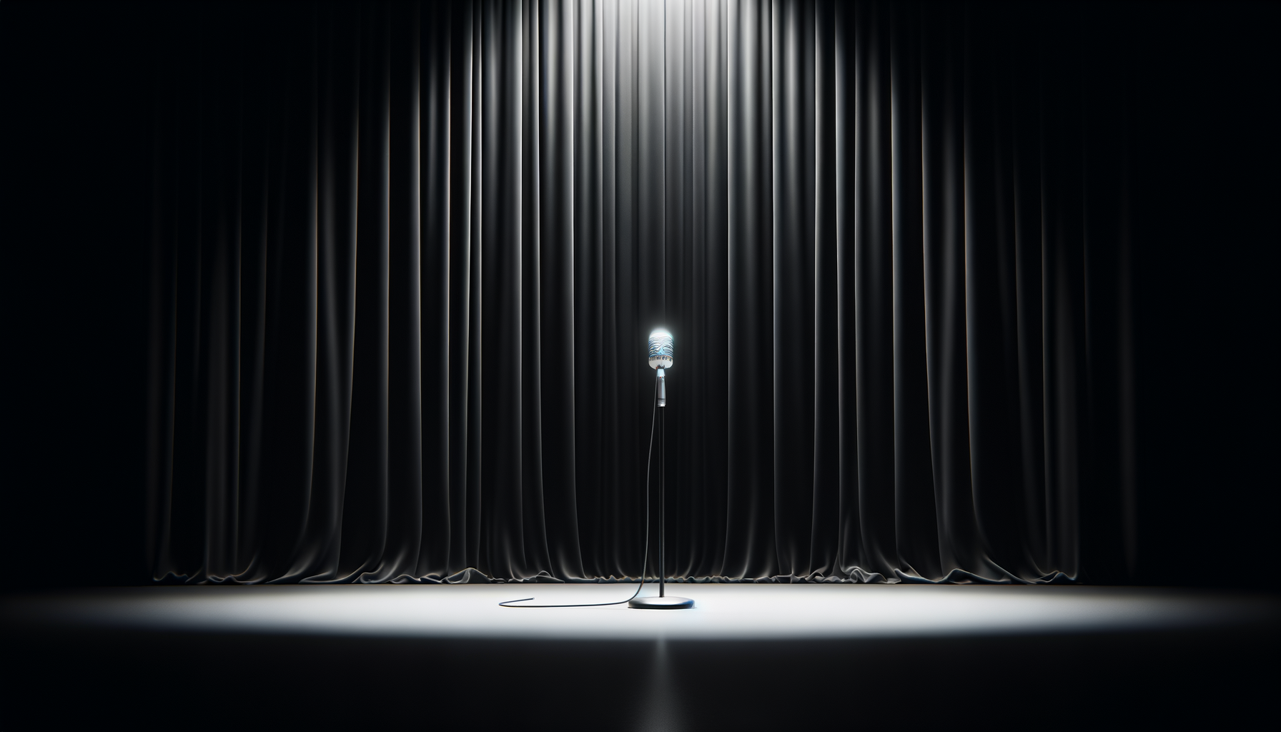 A single vintage microphone stands on a spotlighted stage with closed black curtains in the background.