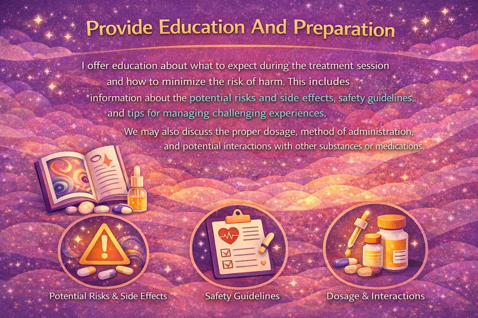 Education and preparation to reduce risk, including potential risks and side effects, safety guidelines, dosage, and interactions.