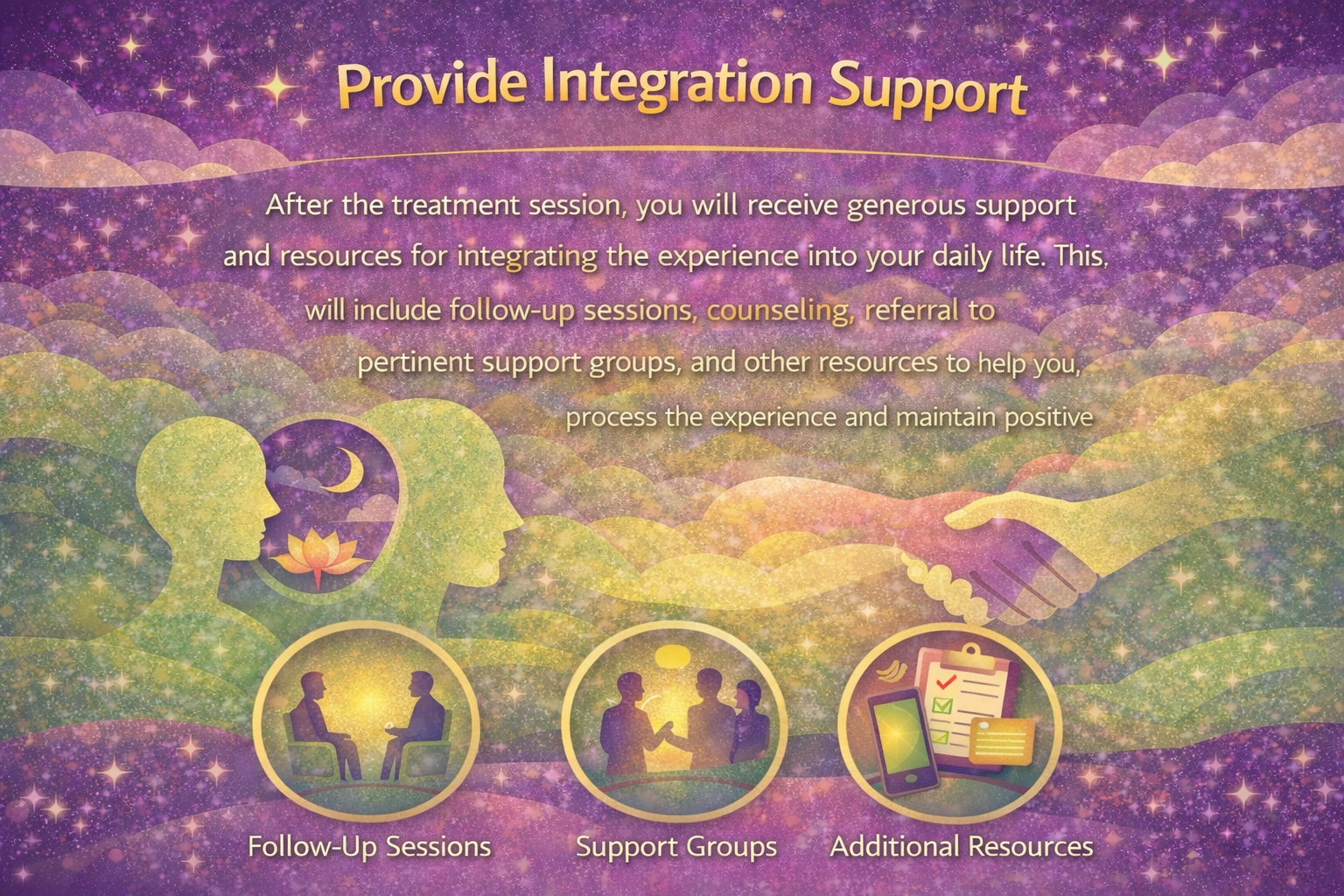 Integration support after the experience, including follow-up sessions, referrals to support groups, and additional resources