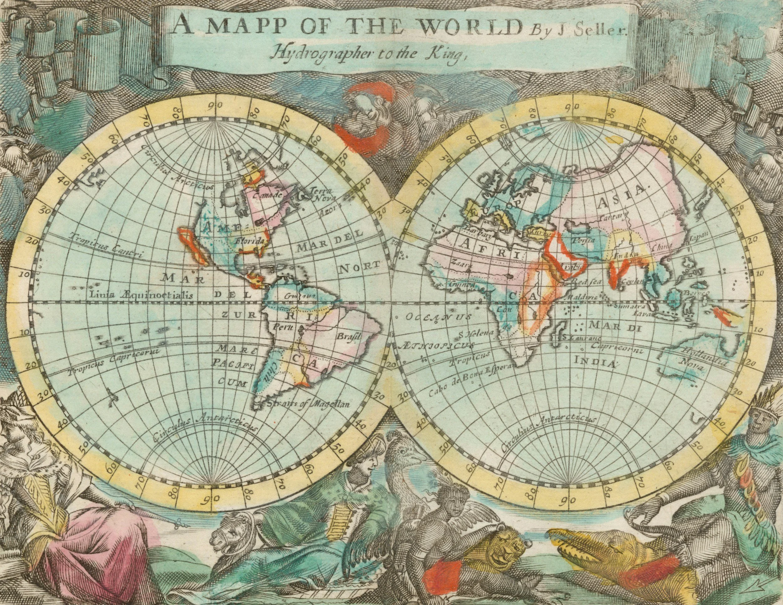 An antique map titled 'A Map of the World' shows two globes side by side with illustrated figures of mythological or historical characters surrounding them. The map includes continents and oceans with old-fashioned labels and decorative elements.
