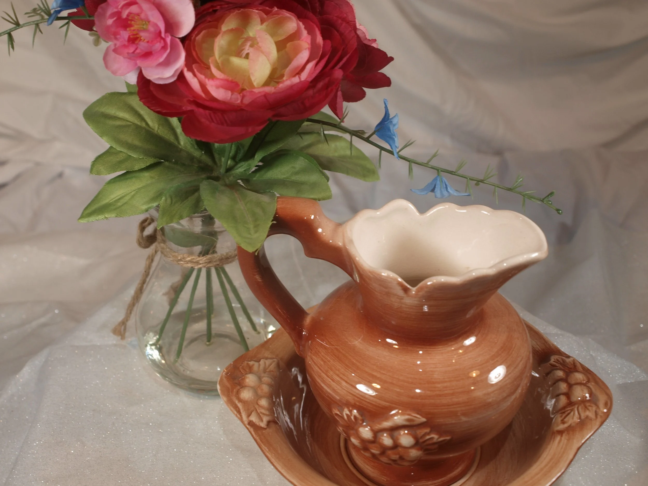 Vintage California brown drip glaze pitcher and wash basin set