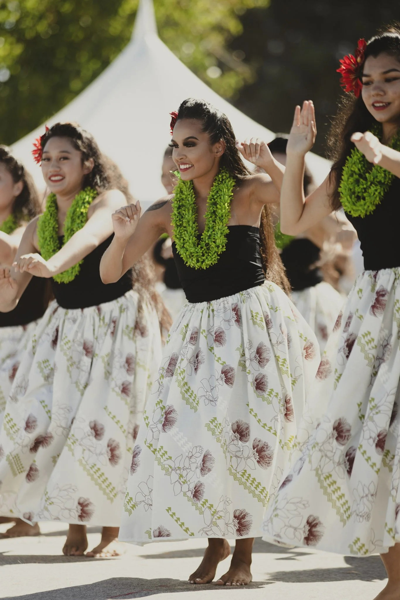 A group of women dressed in traditional Hawaiian hula attire performing a dance outdoors, wearing floral skirts, black tops, green leis, and red flowers in their hair.