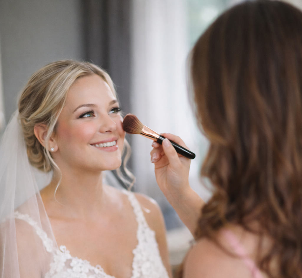 Bride smiling while having makeup applied by a makeup artist