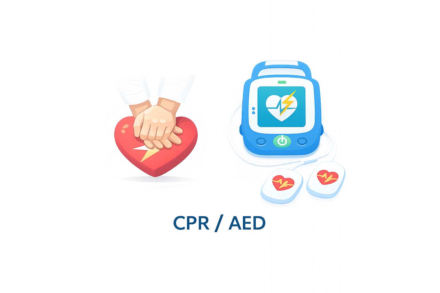 Illustration of CPR/AED with a person holding hands on a heart and AED device with heart icons, indicating emergency cardiovascular care.