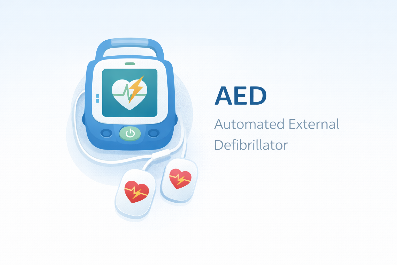 Digital illustration of an AED, an Automated External Defibrillator, featuring a portable device with a heart and lightning bolt symbol on the screen and attached pads with heart and heartbeat symbols, on a light background.