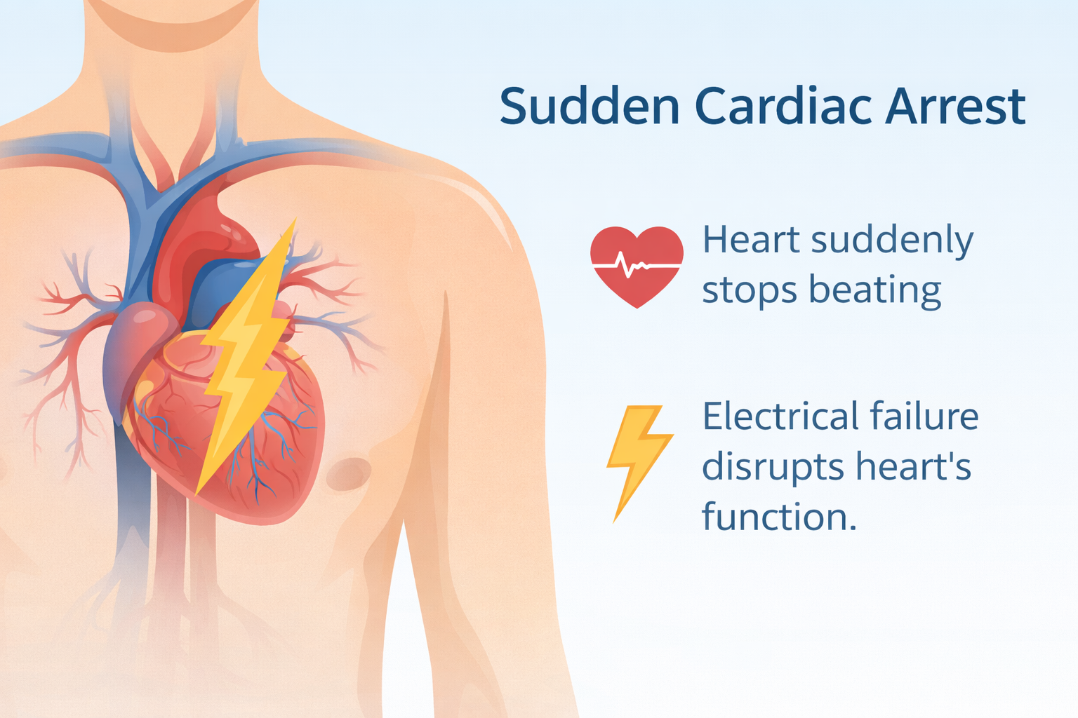 Illustration of a human torso showing the heart with a lightning bolt symbol and an infographic about sudden cardiac arrest, noting heart stopping suddenly and electrical failure disrupting heart function.